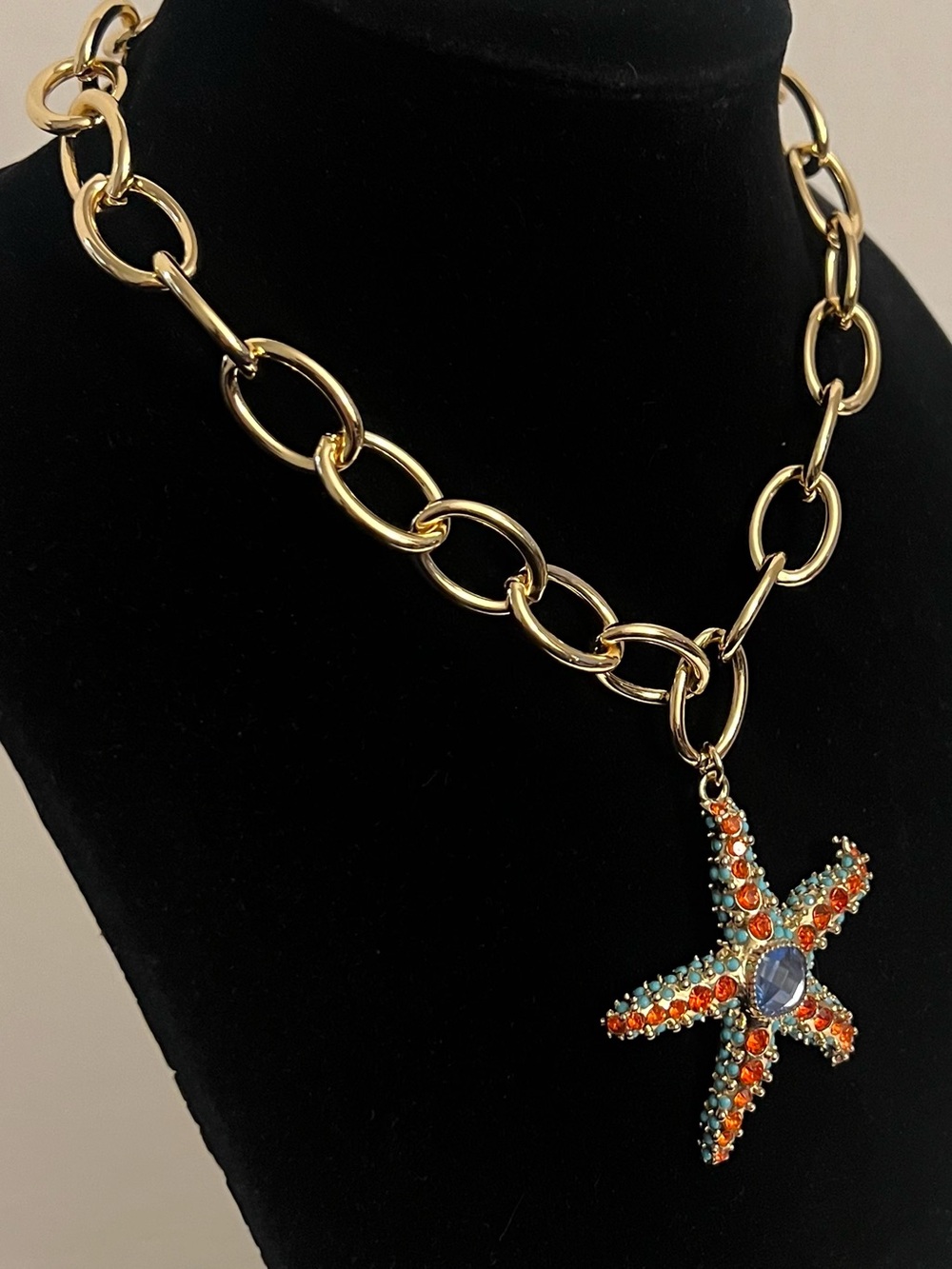 Betsey Johnson Gold-Tone Chain Necklace with Orange & Aqua Starfish Pendant - Picture 10 of 16